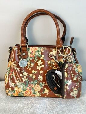 Patricia Nash Floral Brown Satchel Handbag with Matching Pouch